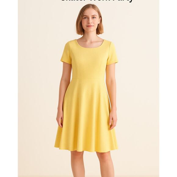 Talbots Yellow Fit & Flare Dress 10 Short Sleeve Textured Skater Work Party - Picture 1 of 9